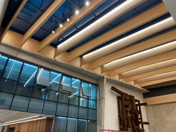 Interior de edificio con estructura de vigas de madera e iluminación integrada | Ingeniería y diseño arquitectónico sostenible